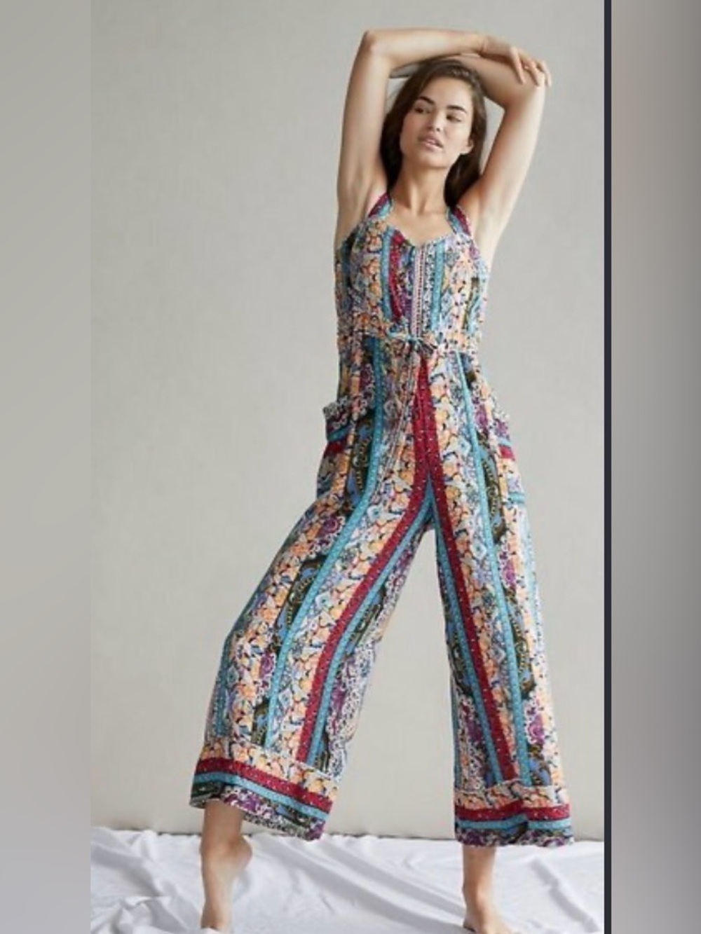 Anthropologie Multicolor Floral Stripe Wide-Leg Jumpsuit
